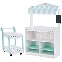 Teamson Kids My Dream Bakery Shop Dessert Stand and Rolling Pastry Cart Interactive Wooden Play Set with 18 Pretend Baked Goods, White and Mint Green with Gray Polka Dot Accents