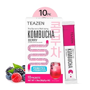 teazen sugar free kombucha  premium korean instant kombucha for gut health  probiotics  prebiotics  low calorie fizzy drink  10 individual powdered sachets  makes 10 servings  non-alcoholic  berry