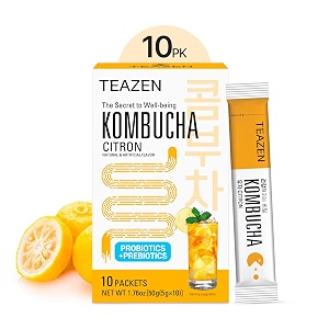teazen sugar free kombucha  premium korean instant kombucha for gut health  probiotics  prebiotics  low calorie fizzy drink  10 individual powdered sachets  makes 10 servings  non-alcoholic  citron
