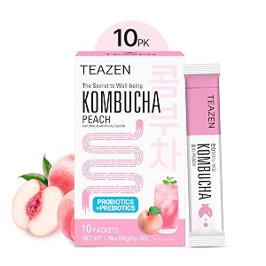 teazen sugar free kombucha  premium korean instant kombucha for gut health  probiotics  prebiotics  low calorie fizzy drink  10 individual powdered sachets  makes 10 servings  non-alcoholic  peach