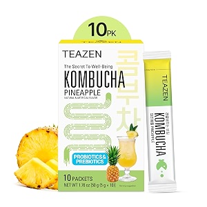 teazen sugar free kombucha  premium korean instant kombucha for gut health  probiotics  prebiotics  low calorie fizzy drink  10 individual powdered sachets  makes 10 servings  non-alcoholic  pineapple