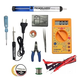 8 watt solder iron kit set full multimeter  cutter  stand  desoldering pump  wick  soldering wire reel  soldering paste  tweezer  tester
