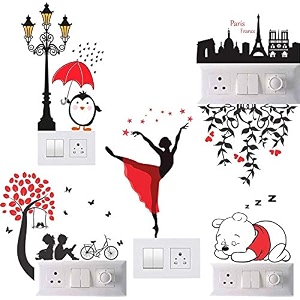 dancing lady and pooh pvc switch boardwall sticker multicolour -pack of 5