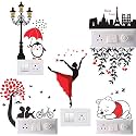 Dancing Lady and Pooh PVC Switch Board/Wall Sticker (Multicolour) -Pack of 5