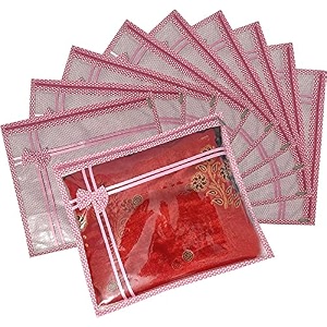 techhark saree covers for storage set of 06 peice transparent sari bag with zip stainless lock pink base