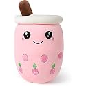 Bubble Tea Stuffed Plush Pillow Pink Round Eyes Milk Tea Warm Plush Sleeping Pillow Children’s Gift Decorations