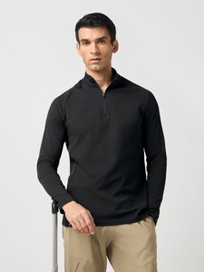 TECHNOSPORT Solid Men Zip Neck Black T-Shirt