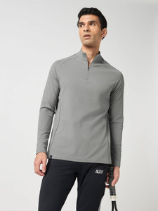 TECHNOSPORT Solid Men Zip Neck Grey T-Shirt