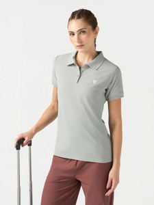 TECHNOSPORT Solid Women Polo Neck Grey T-Shirt