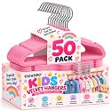 TechZoo 50 Premium Kids Velvet Hangers - 14" Non-Slip Clothes Hangers for Kids & Preteens - Ultra Slim, Space-Saving, Strong & Durable Hangers with 360° Swivel Hook - Pink