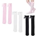 TecoKart® 3 Pairs Stockings for Girls, Cotton Knee Length Socks for Baby Girl, Adorable Double Bow Long Socks for Kids Girl– Perfect for Dresses, Uniforms and Casual Wear