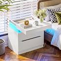 TEENFON Night Stand with 2 Drawers, Nightstand with App-Controlled Adjustable LED Light, Bedside Table with Slidable Hidden Storage Space, Modern Nightstands for Bedroom,White