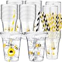 Teenyyou 50 Pcs 12 oz Disposable Plastic Cups with Straws, Lids and Leakproof Paper Clear Birthday Party Cups Supplies Birthday Table Decorations(Bee,Yellow)