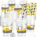 Teenyyou 50 Pcs 12 oz Disposable Plastic Cups with Straws, Lids and Leakproof Paper Clear Birthday Party Cups Supplies Birthday Table Decorations(Construction,Yellow)