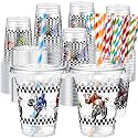 Teenyyou 50 Pcs 12 oz Disposable Plastic Cups with Straws, Lids and Leakproof Paper Clear Birthday Party Cups Supplies Birthday Table Decorations(Dirt Bike,Mixed Color)