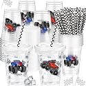 Teenyyou 50 Pcs 12 oz Disposable Plastic Cups with Straws, Lids and Leakproof Paper Clear Birthday Party Cups Supplies Birthday Table Decorations(Monster Truck,Black, White)