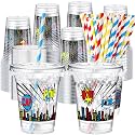 Teenyyou 50 Pcs 12 oz Disposable Plastic Cups with Straws, Lids and Leakproof Paper Clear Birthday Party Cups Supplies Birthday Table Decorations(Hero,Multicolor)