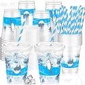 Teenyyou 50 Pcs 12 oz Disposable Plastic Cups with Straws, Lids and Leakproof Paper Clear Birthday Party Cups Supplies Birthday Table Decorations(Shark,Blue)