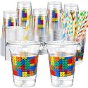 Teenyyou 50 Pcs 12 oz Disposable Plastic Cups with Straws, Lids and Leakproof Paper Clear Birthday Party Cups Supplies Birthday Table Decorations(Building Blocks,Multicolor)
