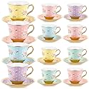 Teenyyou Set of 12 Tea Cups and Saucers, Vintage Style, 7.4 oz