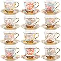 Teenyyou Set of 12 Tea Cups and Saucers, Vibrant Style, 5.4 oz