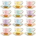 Teenyyou Set of 12 Tea Cups and Saucers, Vintage Style, 5.4 oz