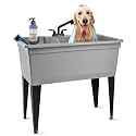 Tehila Freestanding Double-Wide Utility Sink with Steel Legs & Black Pull-Out Faucet, Multi-Purpose Heavy-Duty Laundry Tub and Kitchen Sink for Homes & Business,Grey