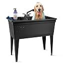 Tehila Freestanding Double-Wide Utility Sink with Steel Legs &amp; Black Pull-Out Faucet, Multi-Purpose Heavy-Duty Laundry Tub and Kitchen Sink for Homes &amp; Business, Black