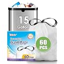 Teivio 15 Gallon 60 Counts Strong Tall Kitchen Drawstring Trash Bags, Medium Plastic Garbage Bags for Home Kitchen Office Garden Outdoor Tall Trash Can, Waste Bin Liners White
