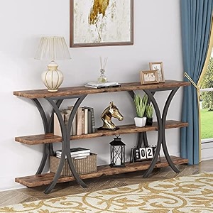 tekavo tv stand unit cabinet table for living room 3 shelves with tv cabinet for bedroom steel frame tv unit for living room brown amp black  diy 110l x 30w x 85h cm