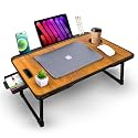 TEKCOOL Smart Multipurpose Foldable Laptop Table with Cup Holder, Study Table, Bed Table, Breakfast Table, Foldable and Portable/Ergonomic &amp; Rounded Edges/Non-Slip Legs (Wood), 60 cm