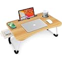 TEKCOOL Study Table Foldable Wooden Laptop Bed Tray Table, Multifunction Lap Tablet Desk with Cup Holder, Perfect for Eating Breakfast, Reading Book, Working, Watching Movie On Bed, 60 cm