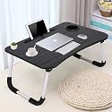 TEKCOOL Study Table Foldable Wooden Laptop Bed Tray Table, Multifunction Lap Tablet Desk with Cup Holder, Perfect for Eating Breakfast, Reading Book, Working, Watching Movie On Bed, 60 cm