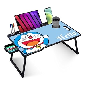 tekcool wood smart multipurpose foldable laptop table with cup holderstudy tablebed tablebreakfast tablefoldable and portableergonomic amp rounded edgesnon-slip legs doremon 60 cm