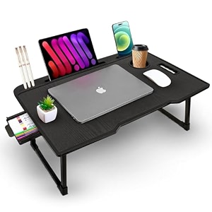 tekcool wood smart multipurpose foldable laptop table with cup holder study table bed table breakfast table foldable and portableergonomic amp rounded edgesnon-slip legs black 60 cm