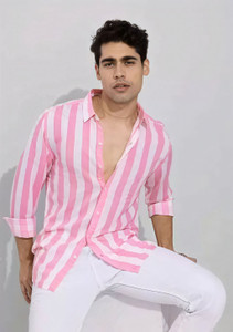 Tekwani Men Striped Casual Pink White Shirt