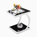 Telephone Table, Sofa Side Table,Coffee Table,Corner Table,Bedroom Bedside Table,Storage Shelf,Telephone Table,Tempered Glass Table Top(Color:Black+White)