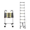 Telescopic Aluminum Extension Ladder Folding Multi Purpose Loft Attic Roof RV Home Work Support Hooked Step Tool Overlapping Tube Design Triangular Frame Anti Slip Feet Safety Lock (Silver,8.5FT)
