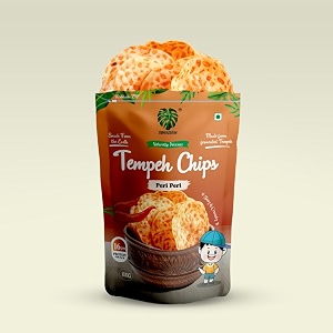 tempehchennai tempeh chipsprotein chips peri peri seasoning - vegvegan proteindairy amp gluten freegut-friendlyhigh fiberlow carbno maida50 grams