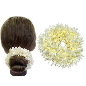 temperia 1 pcs scented mogra gajra hair accessories for women amp girls - hair flower bun artificial fake gajra scrunchies rubber band - premium amp voluminous white