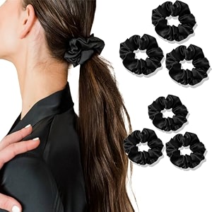temperia 6 pcs silk satin scrunchies for women amp girls - stylish luxury ponytail rubber band ties for hair - black mn02