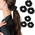 TEMPERIA (6 pcs) Silk Satin Scrunchies For Women & Girls - Stylish Luxury Ponytail Rubber Band Ties for Hair - Black (MN02)