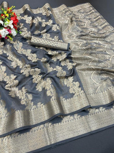 fabwomen temple border mysore art silk saree with unstitched blouse grey
