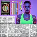 Temporary Tattoo Acrylic Marker for Adults and Kids, 6 Glow Under Neon UV Body Markers with 12 Sheets 95+ Football Tattoo Stencils Designs, Cosmetic Tattoos Pens for Face Makeup