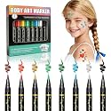 Temporary Tattoo Marker for Kids and Adults, 8 Metallic Markers and Tattoo Stencils, Flexible Brush Tip, Cosmetic Tattoos Pens for Skin