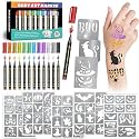 Temporary Tattoo Markers, 12 Metallic Markers and 135 Halloween Tattoo Stencil Designs, Cosmetic Tattoos Pens for Halloween Party Faovr