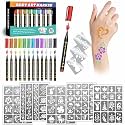 Temporary Tattoo Markers for Kids and Adults, 12 Metallic Markers and 155 Tattoo Stencil Designs, Cosmetic Tattoos Pens for Party Favor Gift and Face Painting