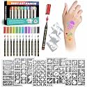 Temporary Tattoo Markers for Kids and Adults, 12 Metallic Markers and 150 Tattoo Stencil Designs, Cosmetic Tattoos Pens for Party Favor Gift and Face Painting