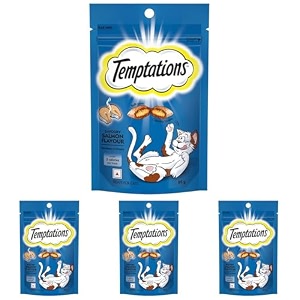 temptations crunchy cat treats savoury salmon flavour 85 g goodness of protein vitamins amp minerals soft inside crunchy outside pack of 4 adult chunk