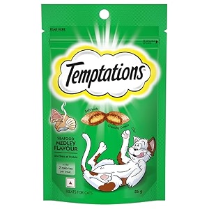 temptations crunchy cat treats seafood medley flavour 85 g goodness of protein vitamins amp minerals soft inside crunchy outside pack of 6